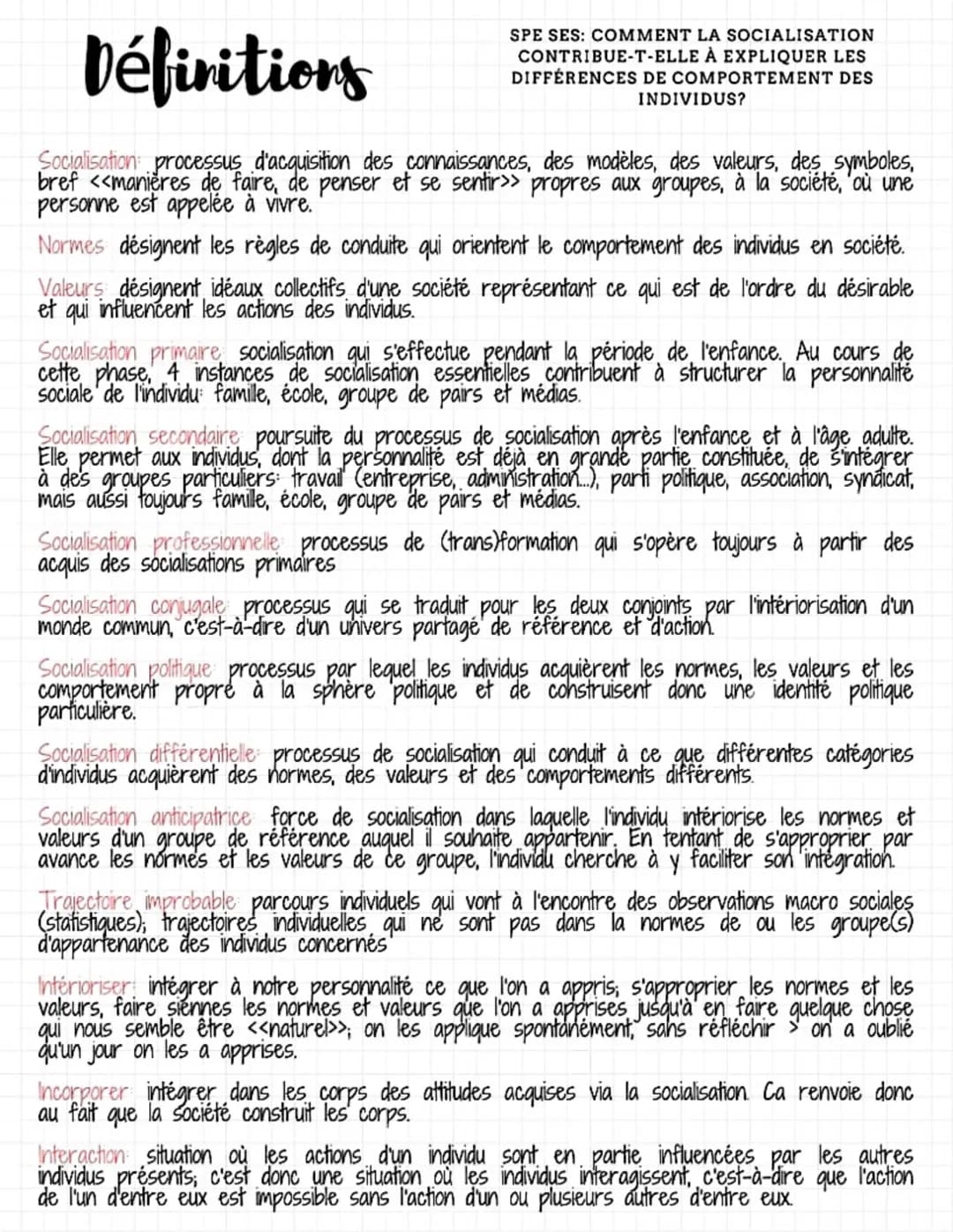 SPE SES: COMMENT LA SOCIALISATION
CONTRIBUE-T-ELLE À EXPLIQUER LES
DIFFÉRENCES DE COMPORTEMENT DES
Définitions
Socialisation processus d'acq