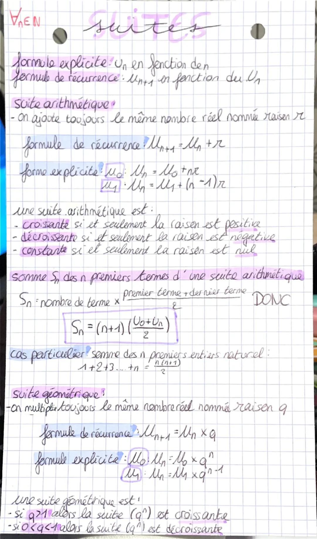 VEN
suites
formule explicite un en fonction den
formule de récurrence: Unes in fonction du. Un
Suite arithmétique
- on ajoute toujours le mê