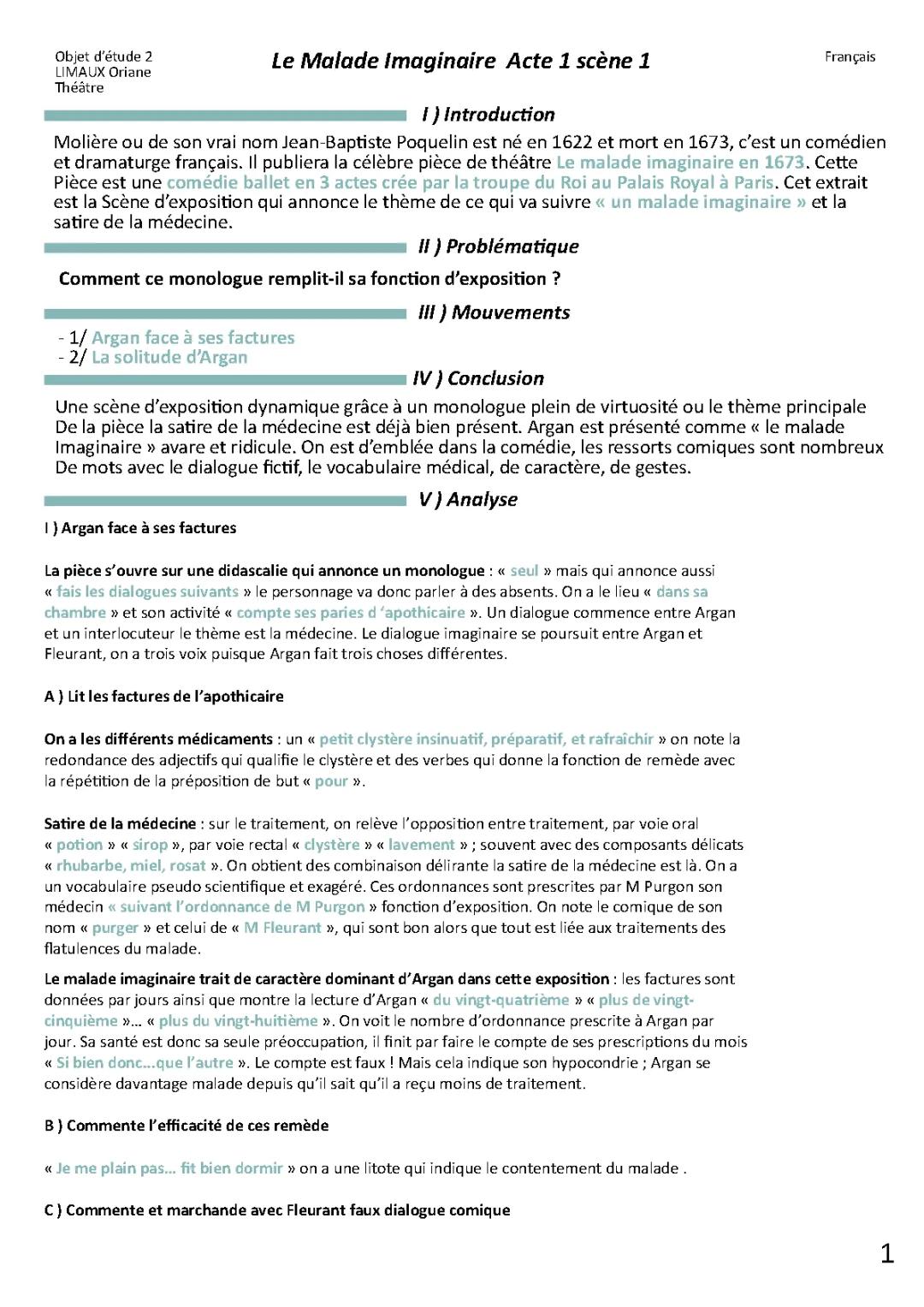 Malade Imaginaire Acte 1 Scène 1 PDF - Texte et Analyse Linéaire