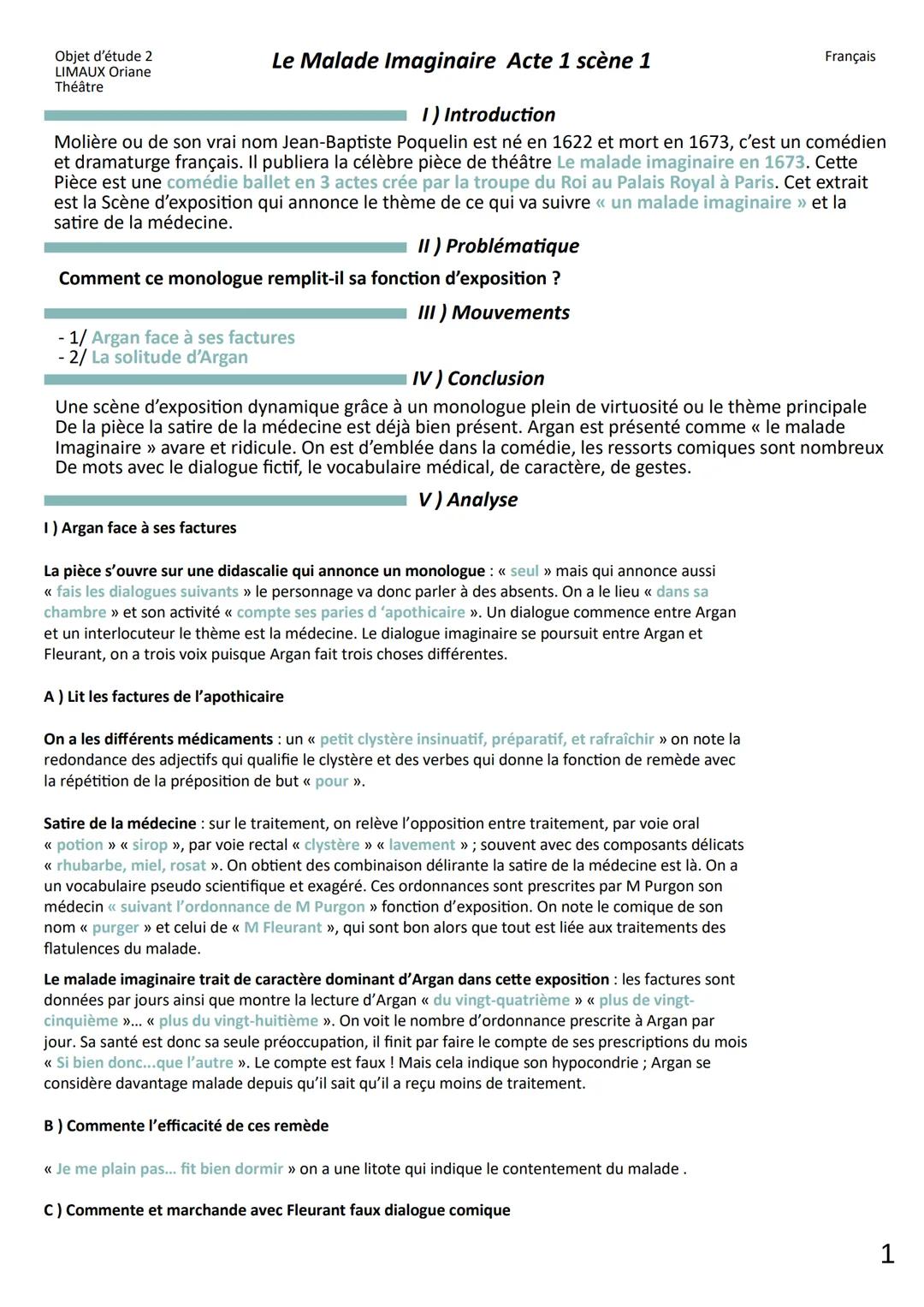Objet d'étude 2
LIMAUX Oriane
Théâtre
Le Malade Imaginaire Acte 1 scène 1
1) Introduction
Molière ou de son vrai nom Jean-Baptiste Poquelin 