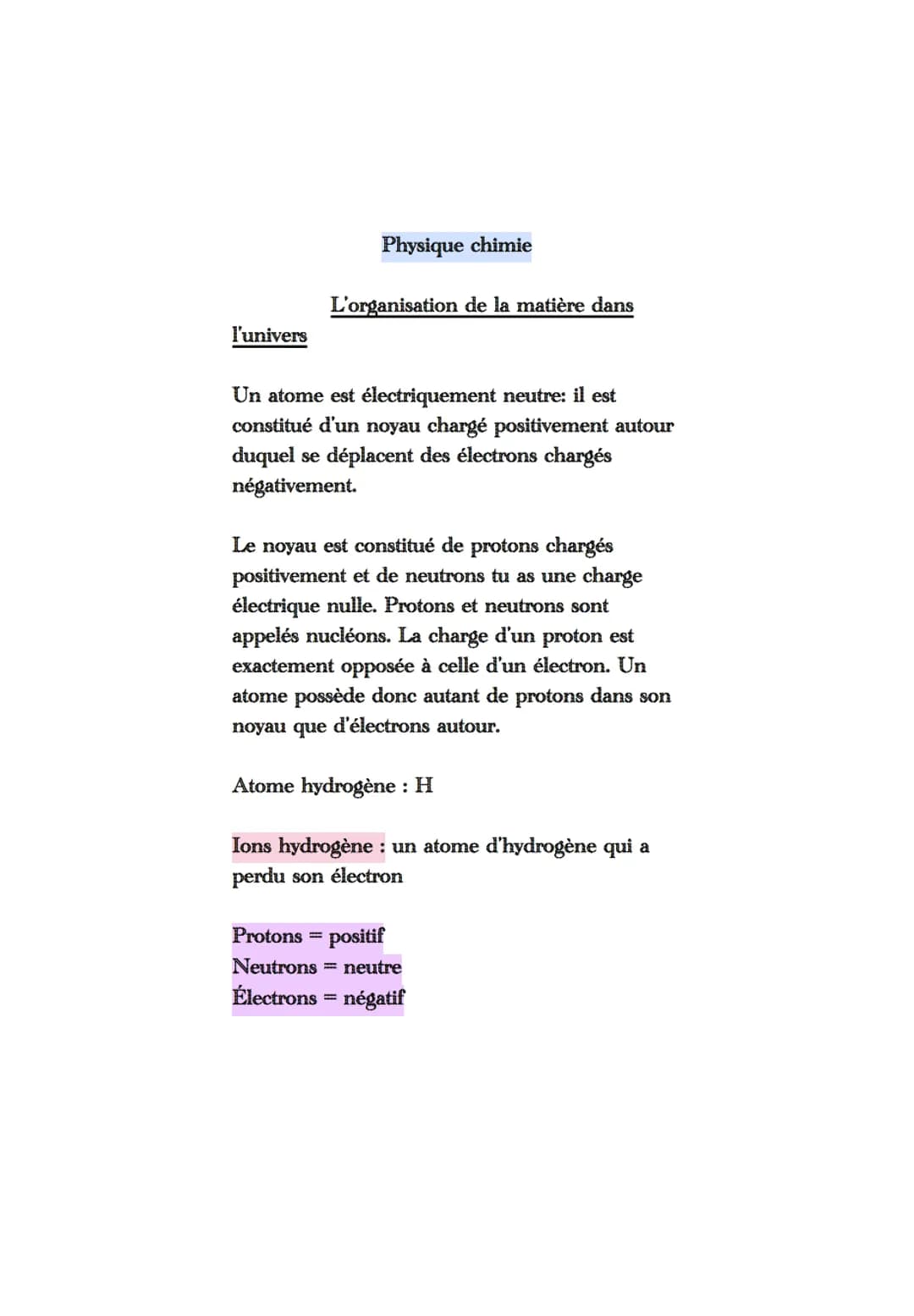 l'univers
Physique chimie
L'organisation de la matière dans
Un atome est électriquement neutre: il est
constitué d'un noyau chargé positivem