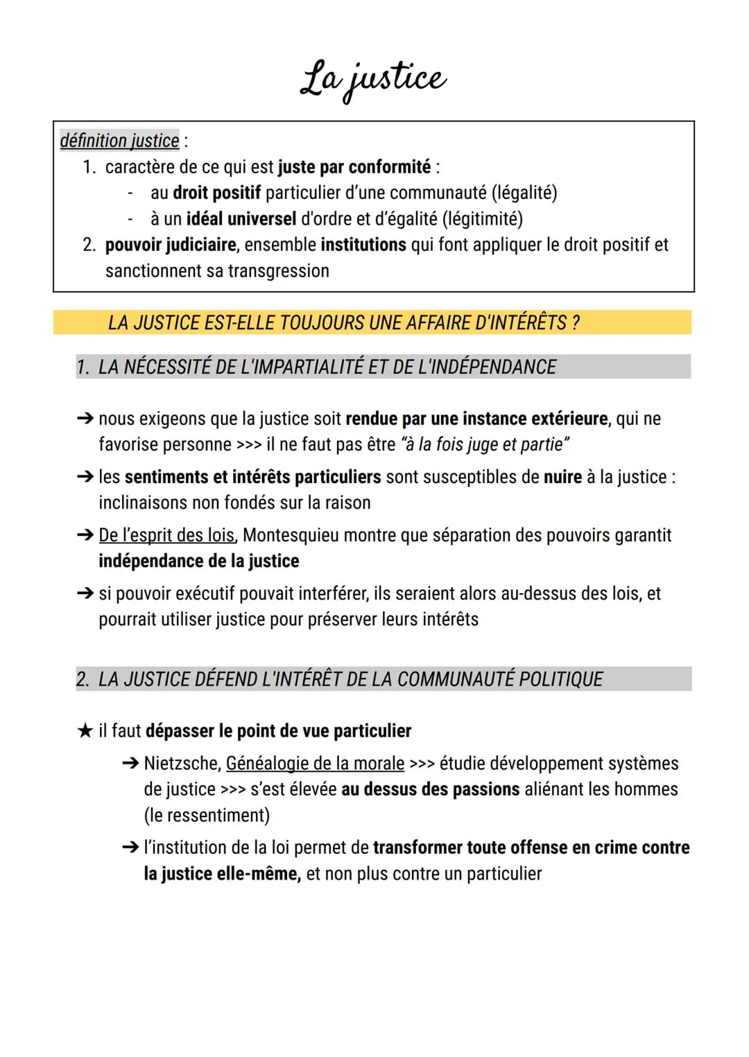 La justice
définition justice:
1. caractère de ce qui est juste par conformité :
-
au droit positif particulier d'une communauté (légalité)
