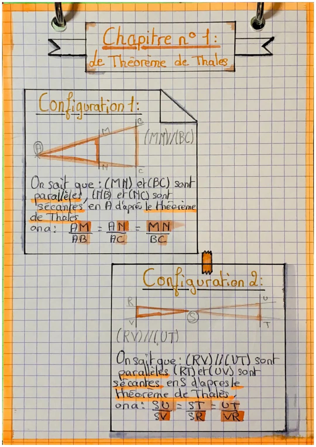 Chapitre n° 1:
de Theoreme de Thales
Configuration 1:
A
(MNVX (BC)
C
On sait que: (MM) et (BC) sont
parallèles, CMB) et (NC) sont
sécances e