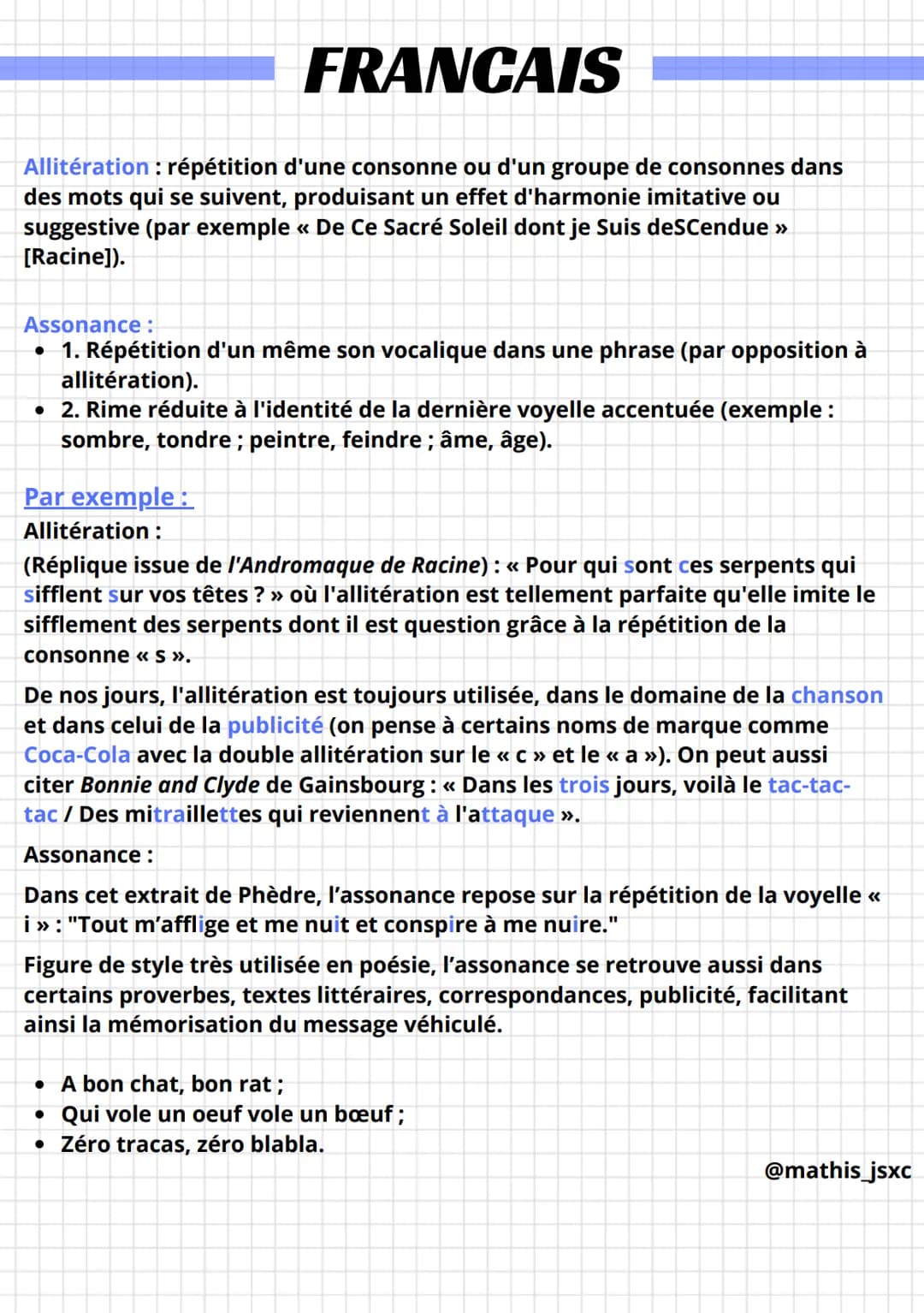 FRANCAIS
Allitération : répétition d'une consonne ou d'un groupe de consonnes dans
des mots qui se suivent, produisant un effet d'harmonie i