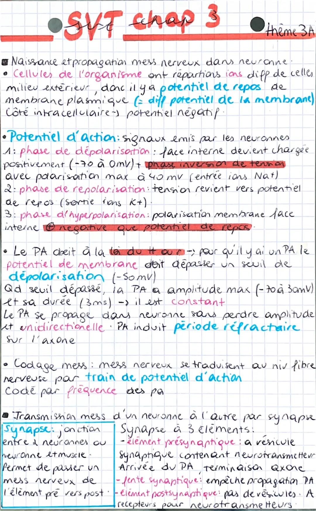 •SVT shap 3
theme 3 A
Naissance et propagation mess nerveux dans neuronne.
• Cellules de l'organisme ont répartions ions diff de celles
mili