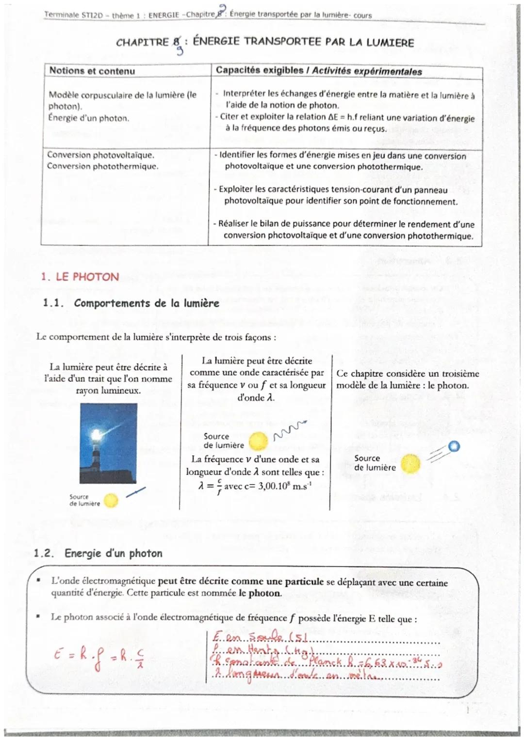 Terminale STI2D - thème 1: ENERGIE -Chapitre 8: Énergie transportée par la lumière-cours
CHAPITRE 8: ÉNERGIE TRANSPORTEE PAR LA LUMIERE
Noti