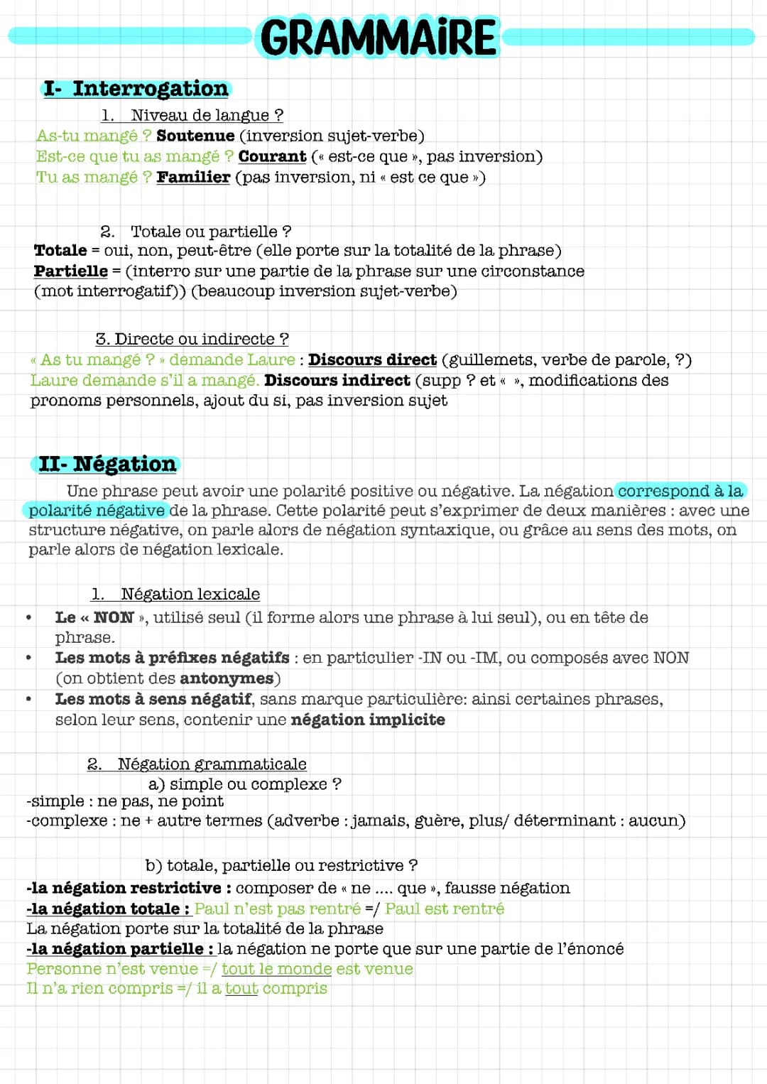 Fiche de révision : Question de grammaire au bac français 2024