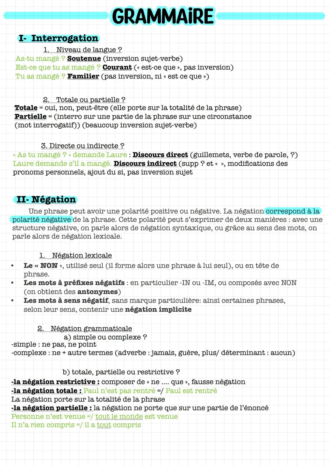 I- Interrogation
GRAMMAIRE
1. Niveau de langue ?
As-tu mangé? Soutenue (inversion sujet-verbe)
Est-ce que tu as mangé? Courant (« est-ce que