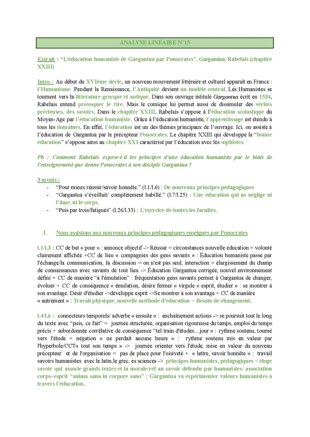 Analyse Linéaire - L'éducation de Gargantua Chapitre 23