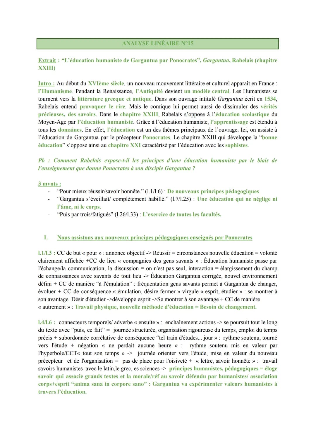 ANALYSE LINÉAIRE N°15
Extrait : "L'éducation humaniste de Gargantua par Ponocrates", Gargantua, Rabelais (chapitre
XXIII)
Intro : Au début d