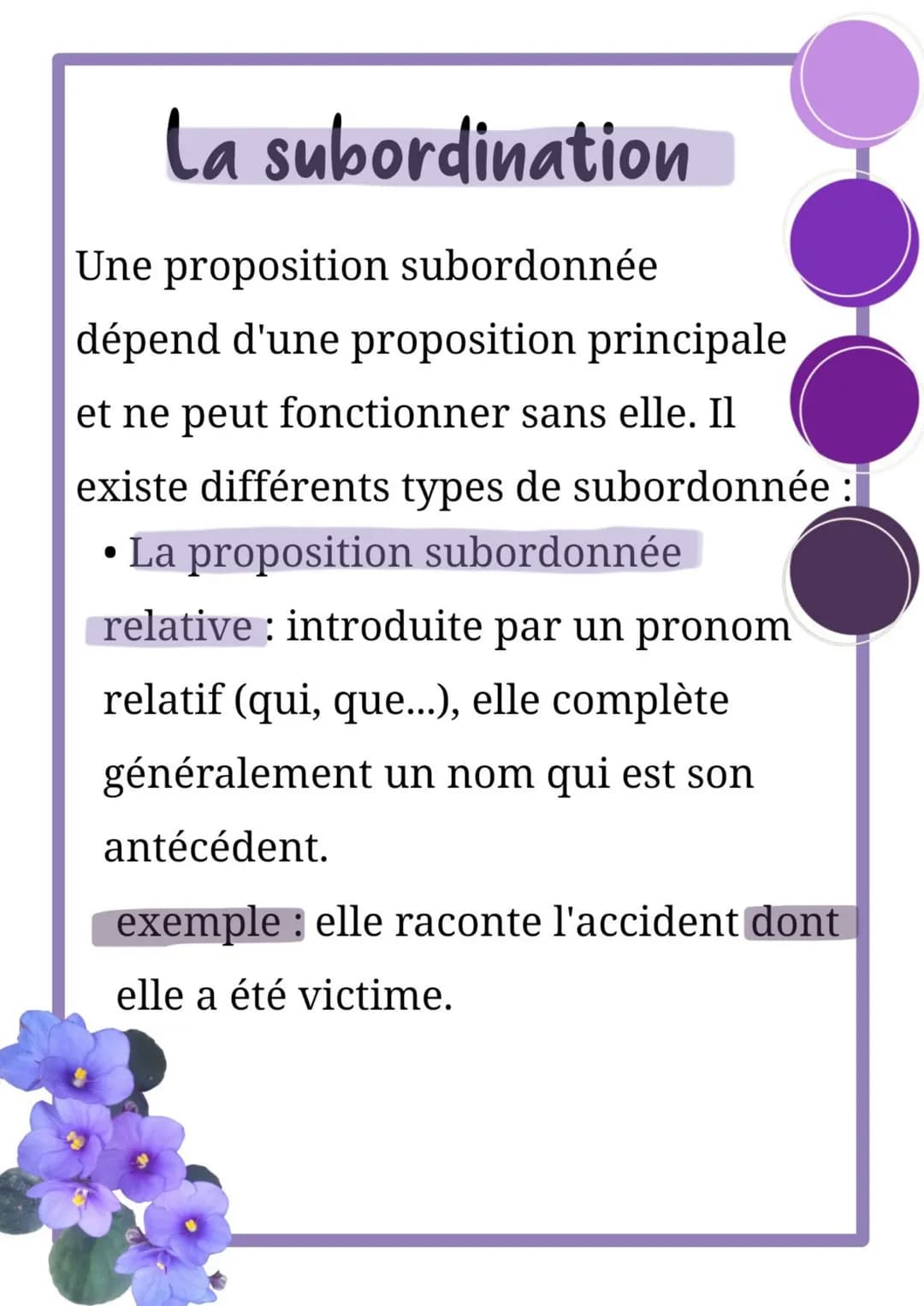 La subordination
Une proposition subordonnée
dépend d'une proposition principale
et ne peut fonctionner sans elle. Il
existe différents type