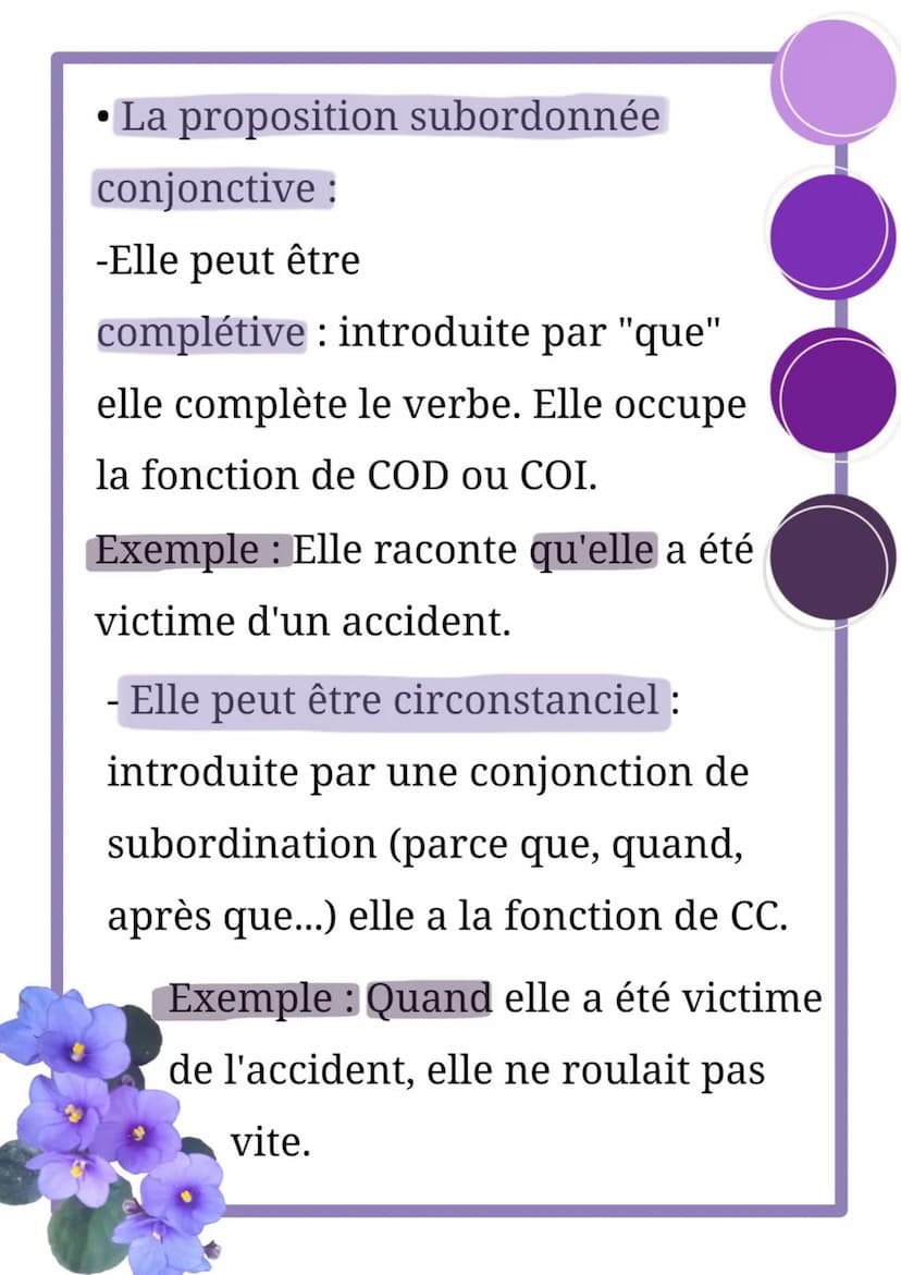 La subordination
Une proposition subordonnée
dépend d'une proposition principale
et ne peut fonctionner sans elle. Il
existe différents type