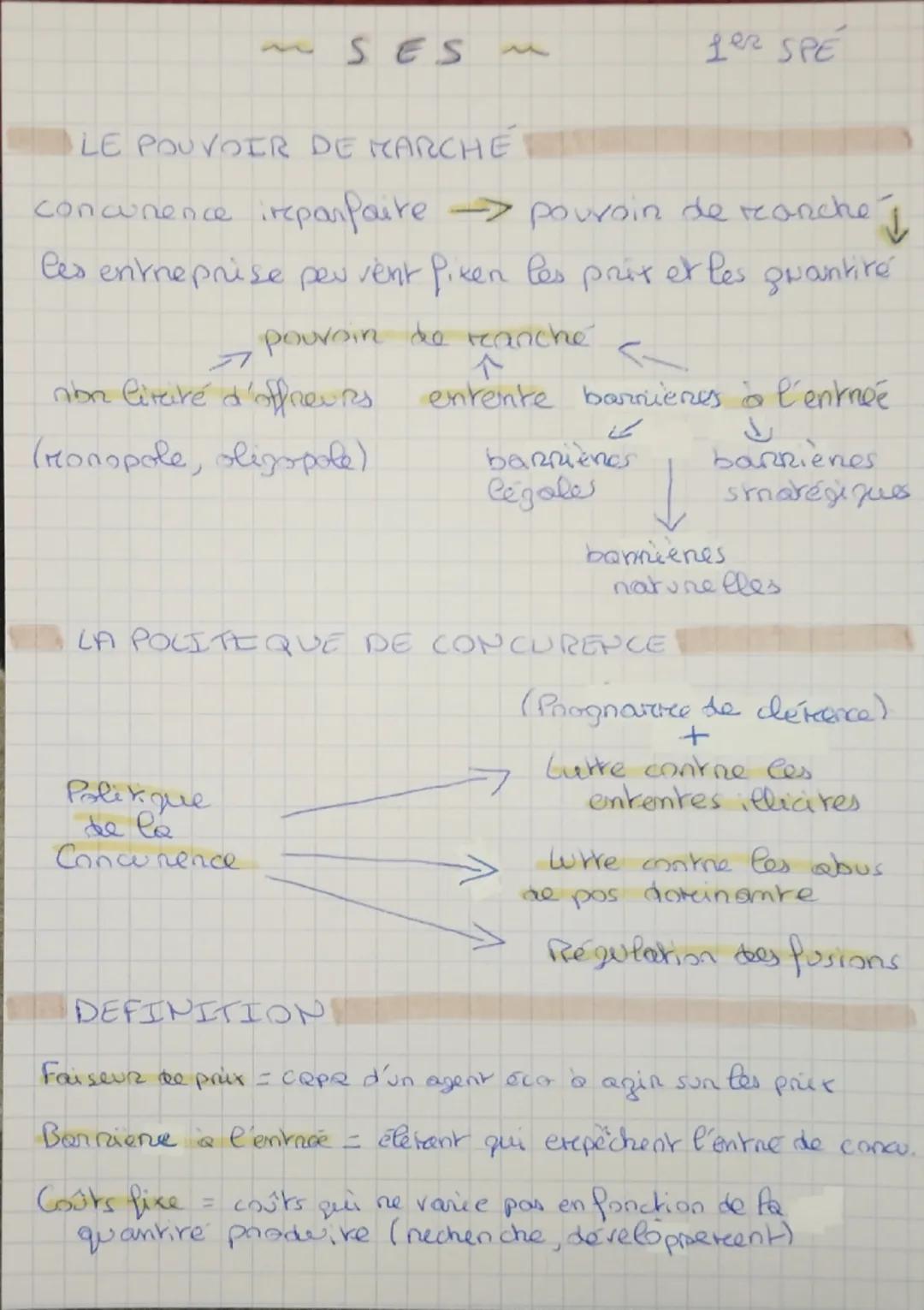 SES
1
Le SPE
LE POUVOIR DE MARCHE
concurence imparfaite pouvoin de ranchéi
les entreprise per vent Pixen les prix et les quantire
pouvoin de
