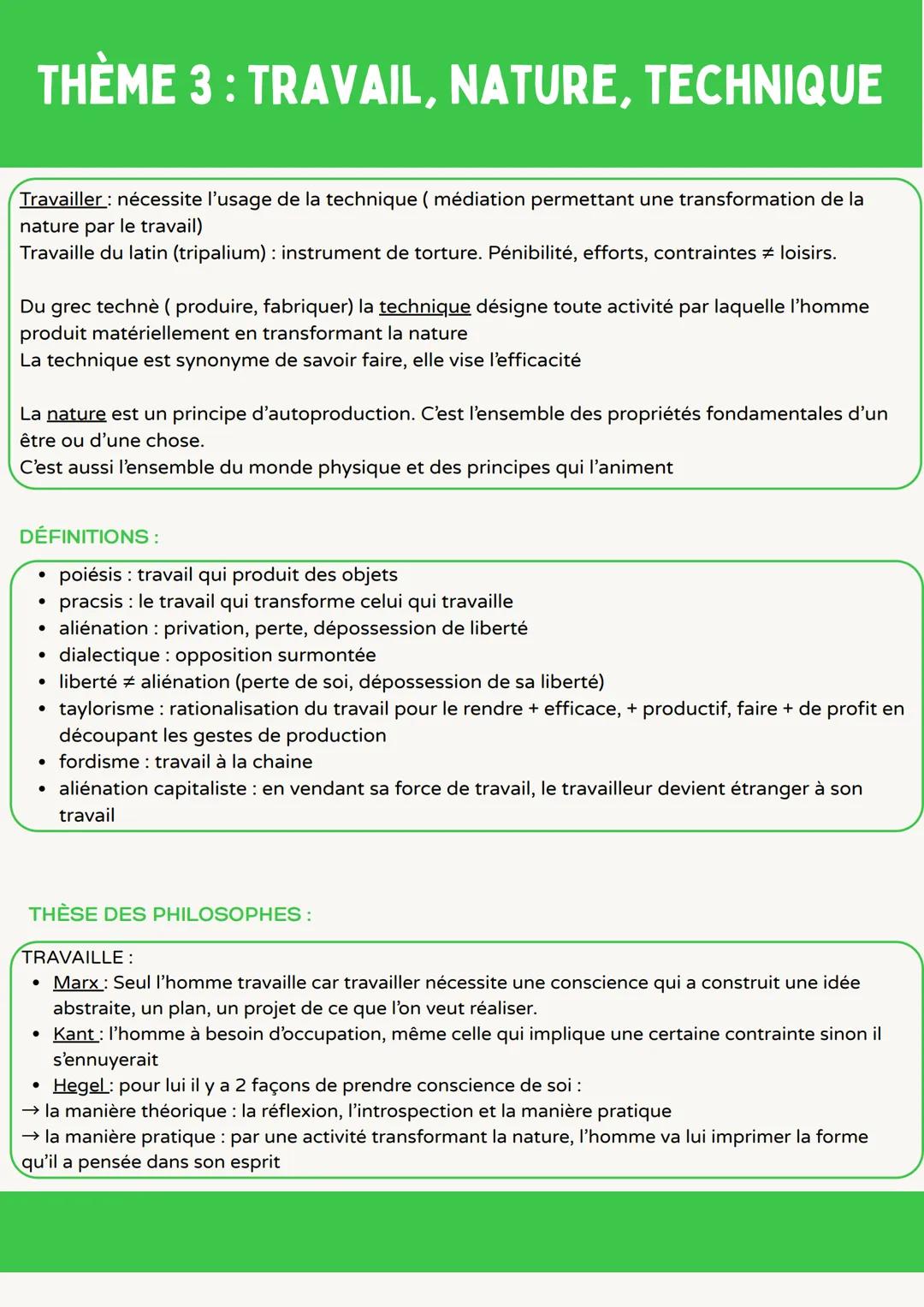 Fiche de révision sur le travail, la nature et la technique