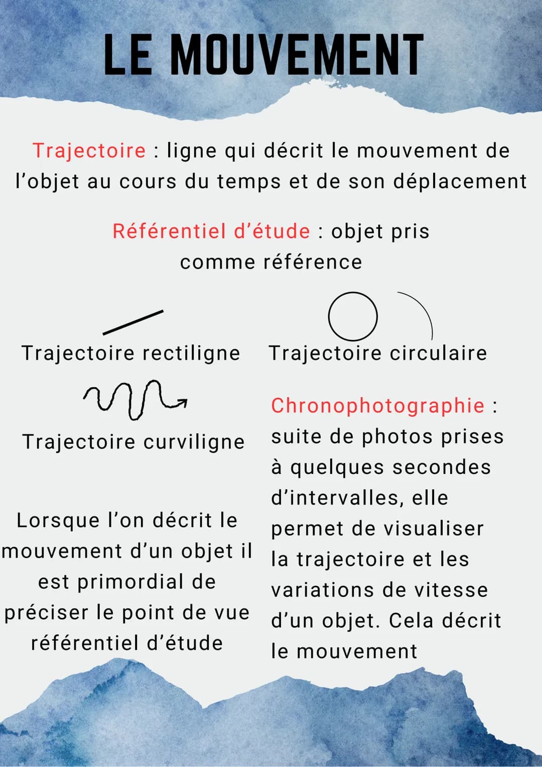 LE MOUVEMENT
Trajectoire : ligne qui décrit le mouvement de
l'objet au cours du temps et de son déplacement
Référentiel d'étude : objet pris