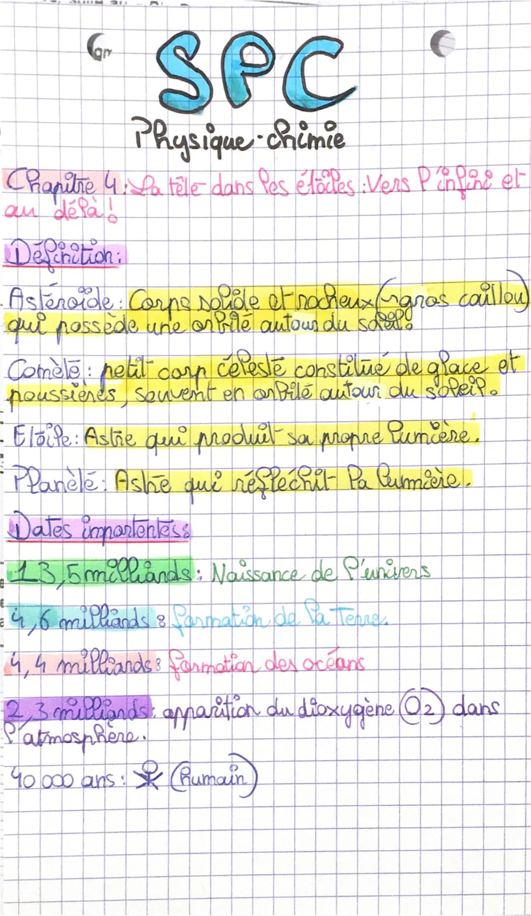 SPC
Physique chimie
Chapitre 4. La têle dans les étoiles : Vers Pinfine et
au défà!
G₁
Definition:
Asteroide: Corps soude et rocheux (gros c