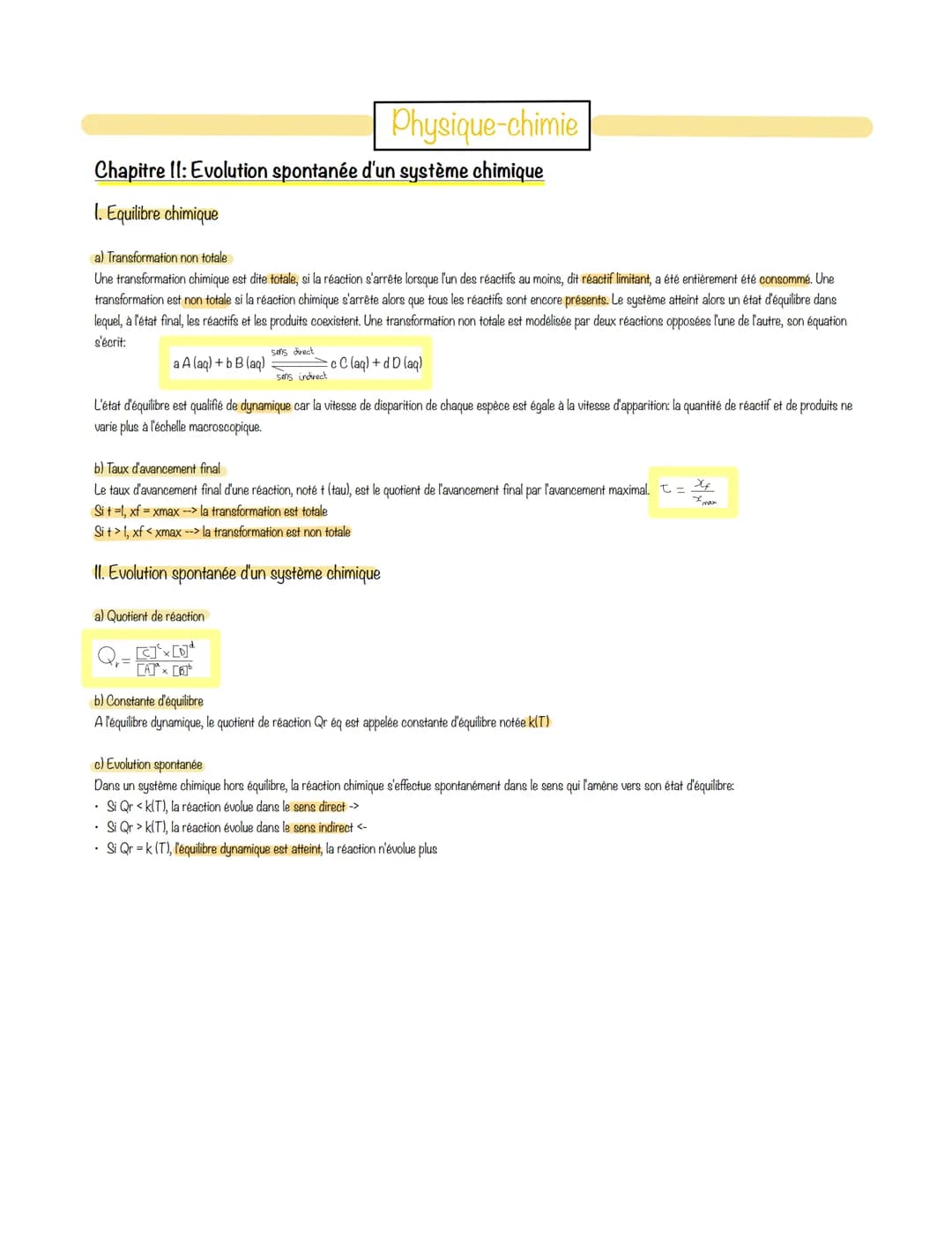 Physique-chimie
Chapitre II: Evolution spontanée d'un système chimique
1. Equilibre chimique
a) Transformation non totale
Une transformation