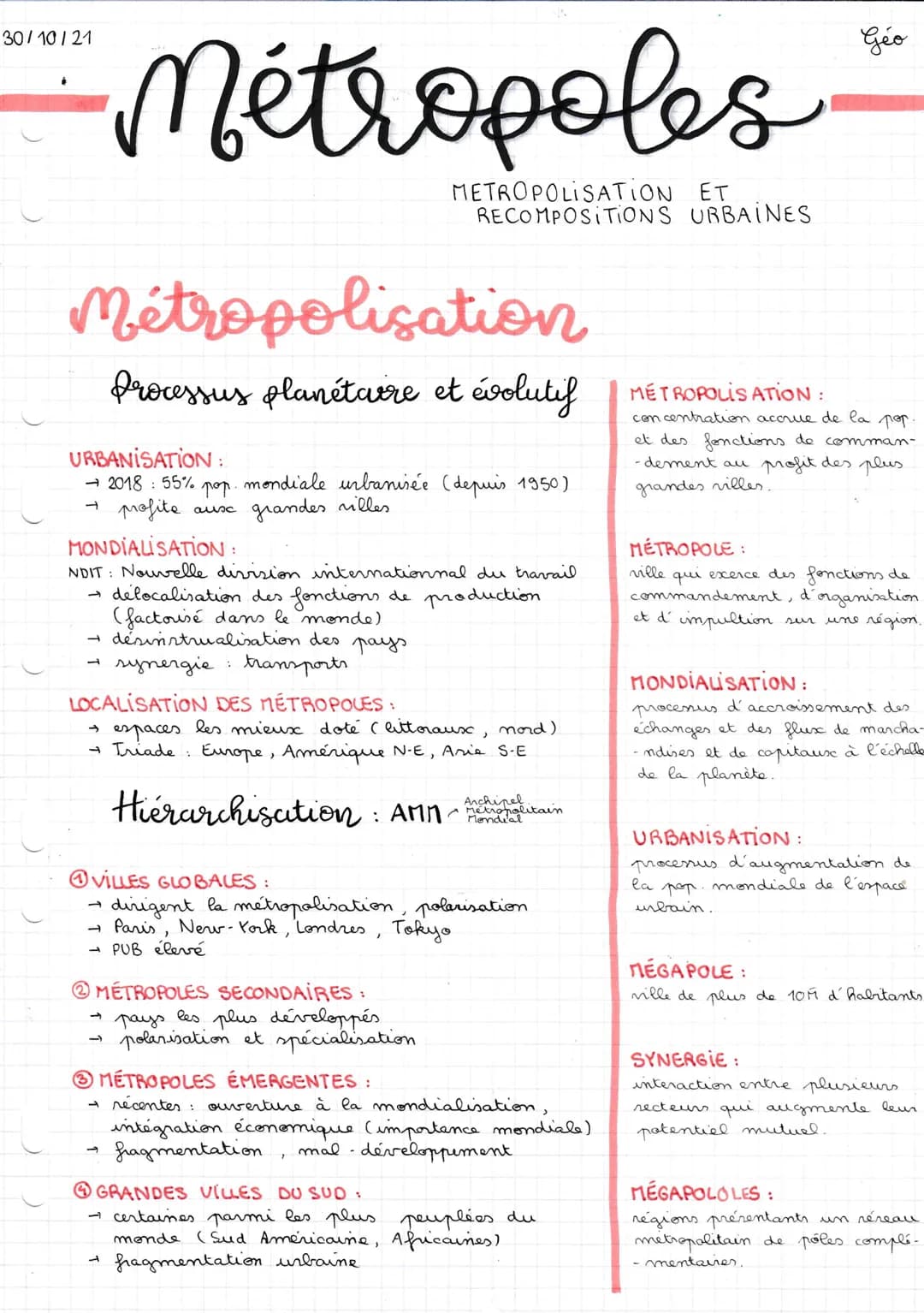 30/10/21
Métropolisation
Processus planétaire et évolutif
Métropoles
METROPOLISATION ET
RECOMPOSITIONS URBAINES
URBANISATION:
→2018 55%
рор
