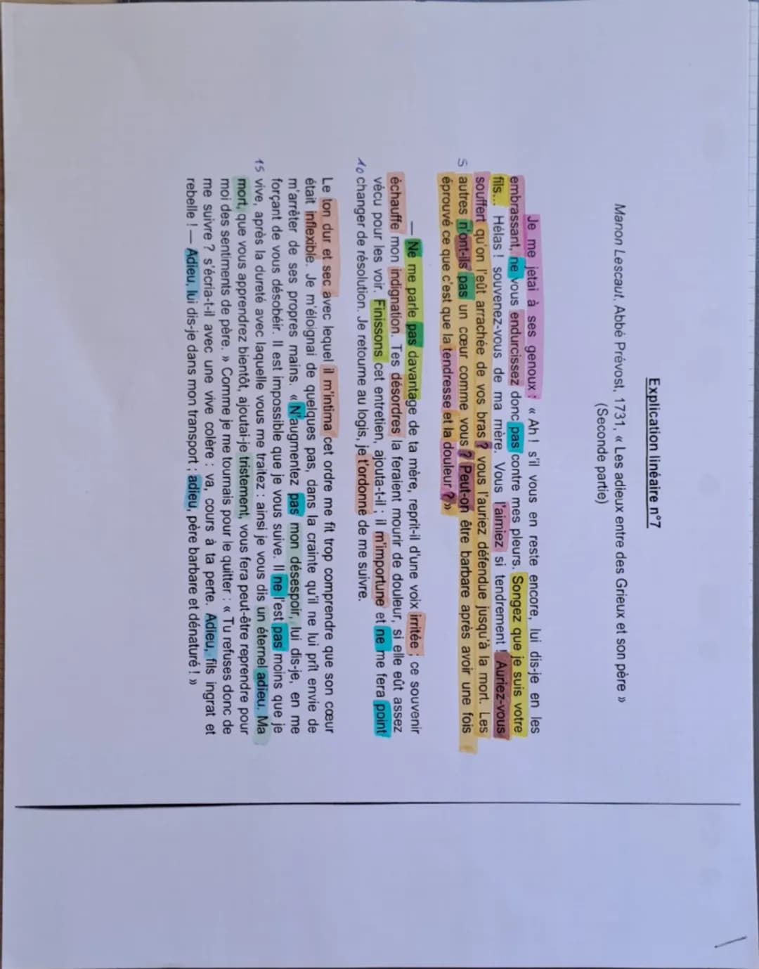 Explication linéaire n°7
Manon Lescaut, Abbé Prévost, 1731, « Les adieux entre des Grieux et son père >>
(Seconde partie)
Je me jetai à ses 