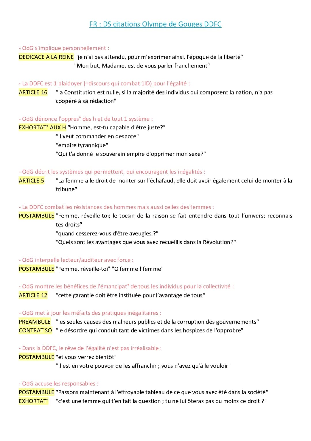 Dissertation Olympe de Gouges DDFC : Citations, Plans et Corrigés PDF