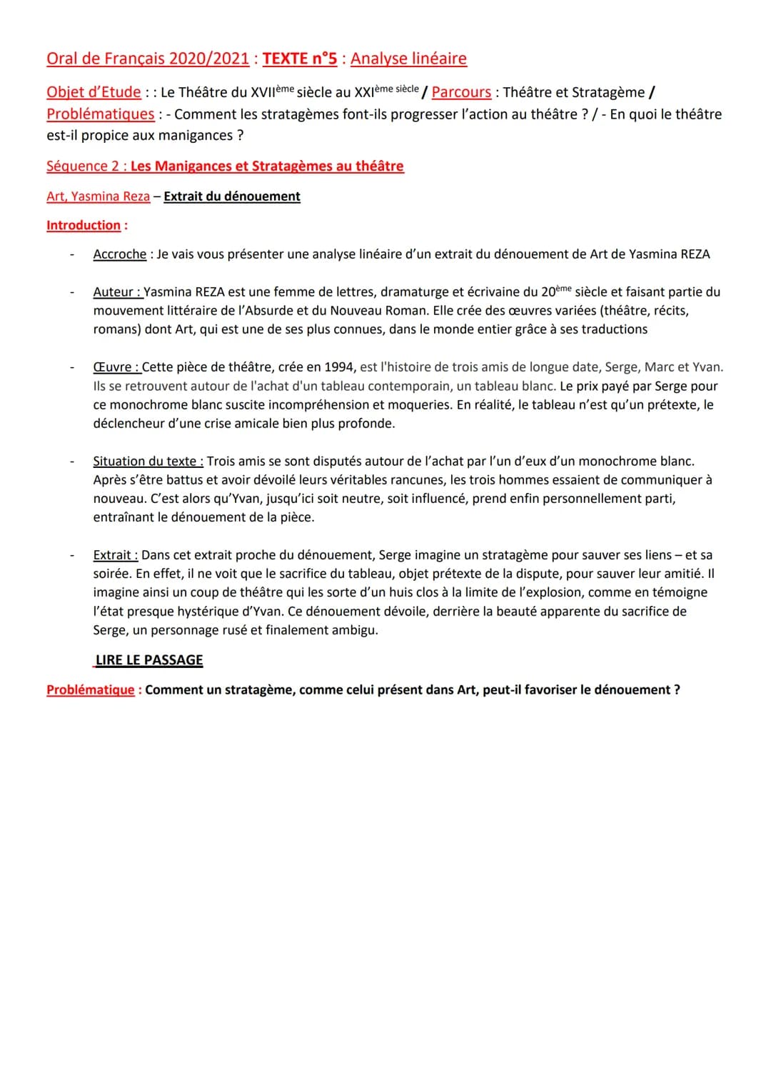 Oral de Français 2020/2021: TEXTE n°5: Analyse linéaire
Objet d'Etude :: Le Théâtre du XVIIème siècle au XXIème siècle/ Parcours : Théâtre e