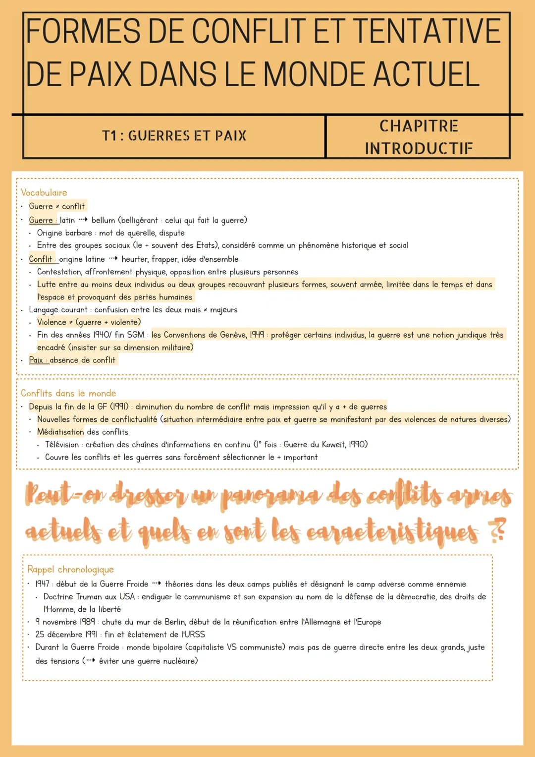 FORMES DE CONFLIT ET TENTATIVE
DE PAIX DANS LE MONDE ACTUEL
Vocabulaire
T1: GUERRES ET PAIX
CHAPITRE
INTRODUCTIF
Guerre conflit
Guerre latin