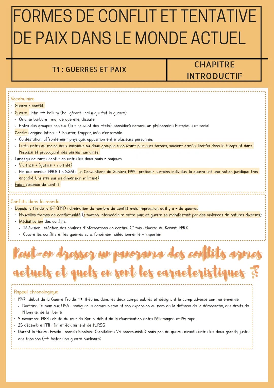 FORMES DE CONFLIT ET TENTATIVE
DE PAIX DANS LE MONDE ACTUEL
Vocabulaire
T1: GUERRES ET PAIX
CHAPITRE
INTRODUCTIF
Guerre conflit
Guerre latin