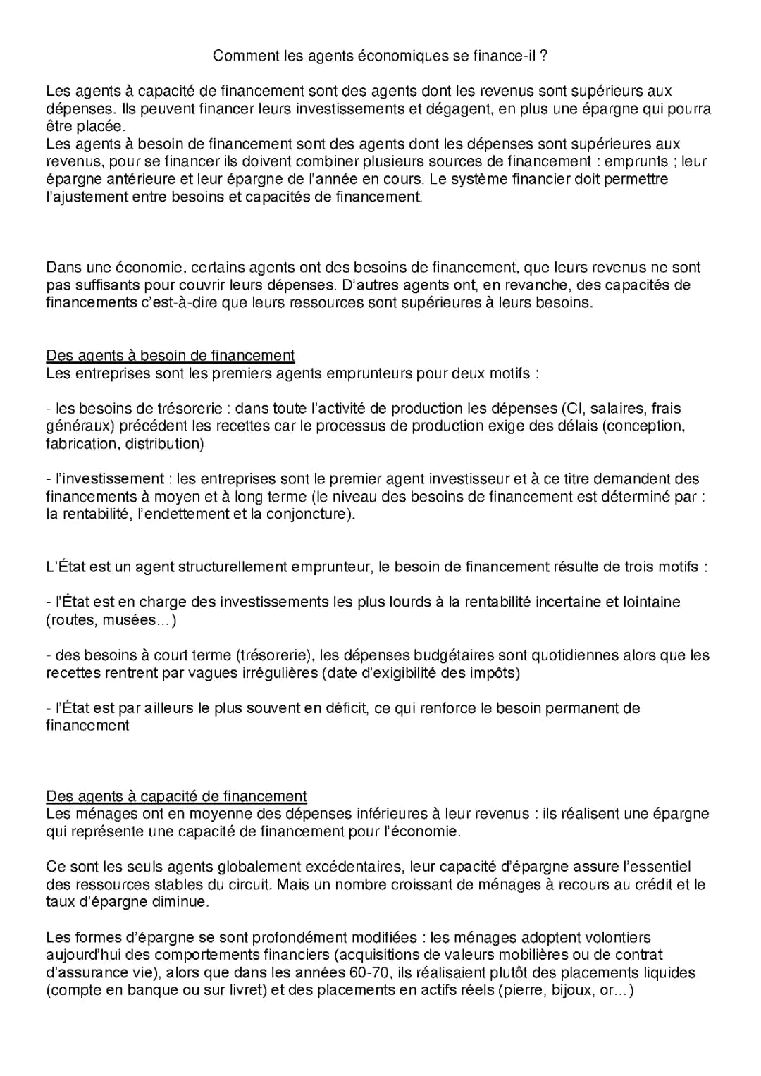 SES : le financements des agents économiques