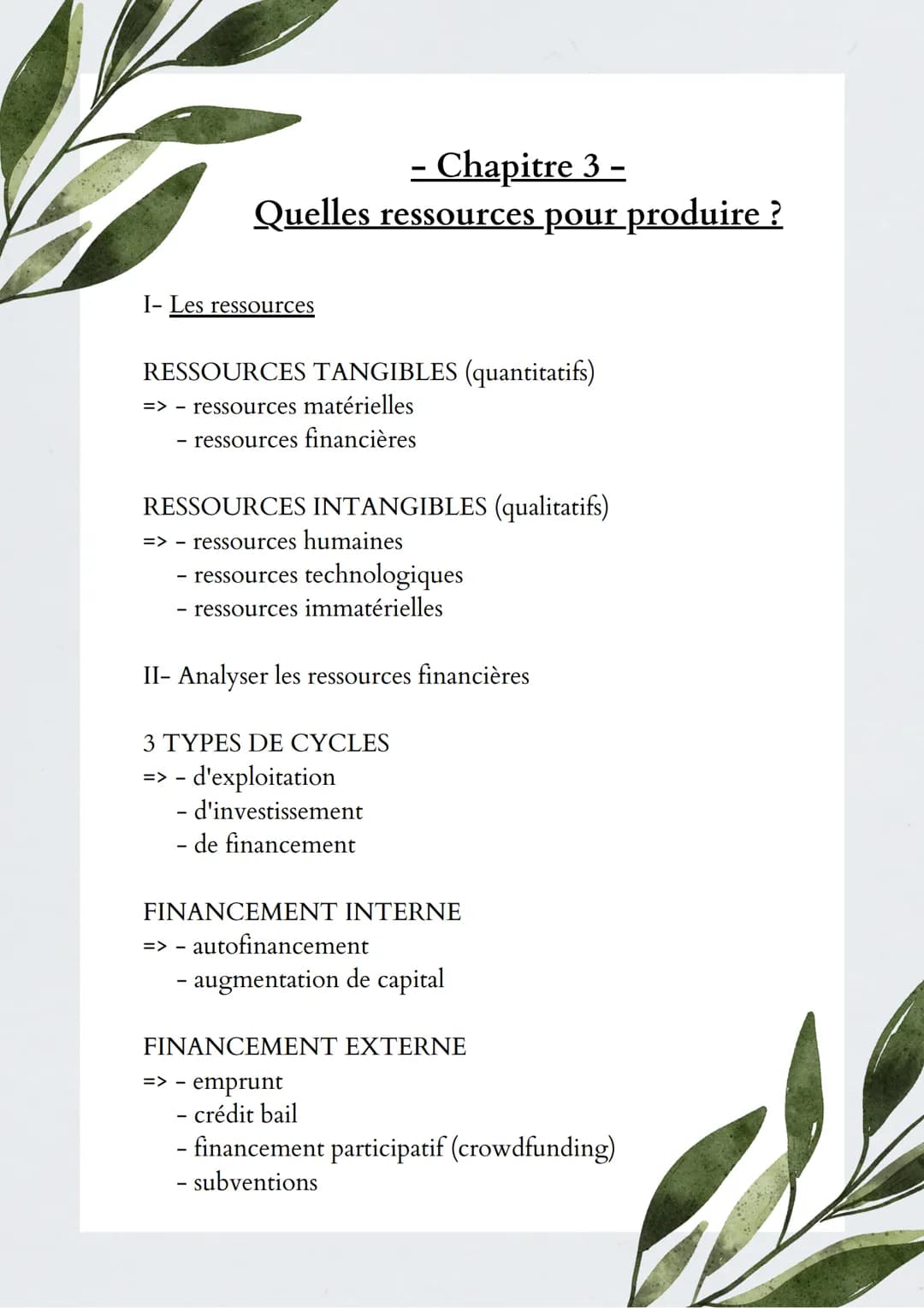 - Chapitre 3 -
Quelles ressources pour produire ?
I- Les ressources
RESSOURCES TANGIBLES (quantitatifs)
=> - ressources matérielles
- ressou