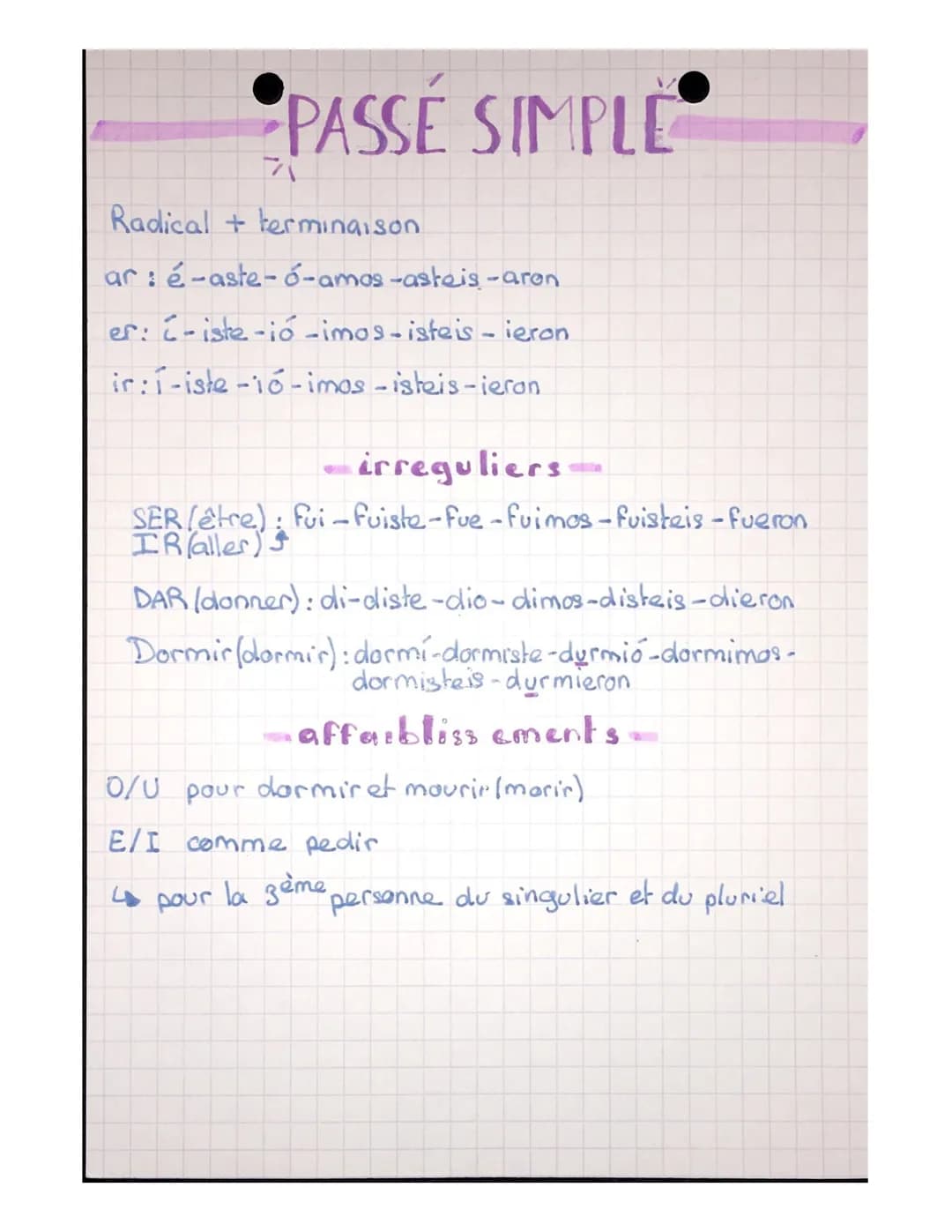 PASSE SIMPLE
Radical + terminaison
ar: é-aste-ó-amos-asteis -aron
er: i-iste-ió -imos-isteis - ieron
ir: 1-iste-16-imos-isteis-ieron
irregul
