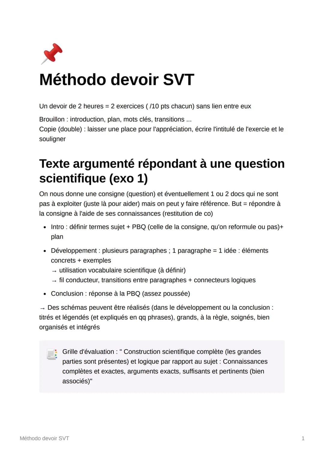 Méthodo devoir SVT
Un devoir de 2 heures = 2 exercices (/10 pts chacun) sans lien entre eux
Brouillon introduction, plan, mots clés, transit