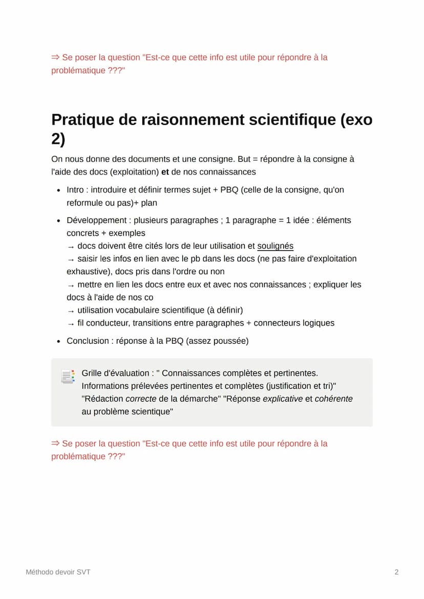 Méthodo devoir SVT
Un devoir de 2 heures = 2 exercices (/10 pts chacun) sans lien entre eux
Brouillon introduction, plan, mots clés, transit