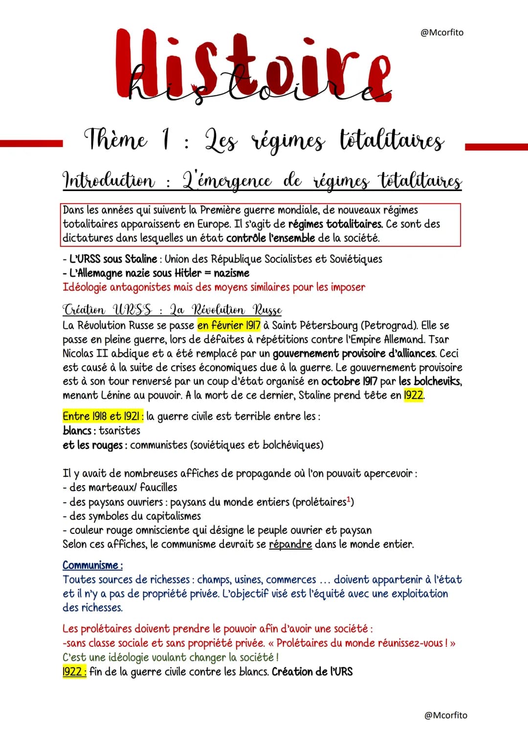 Histoire
Thème 1: Les régimes totalitaires
Introduction : L'émergence de régimes totalitaires
Dans les années qui suivent la Première guerre