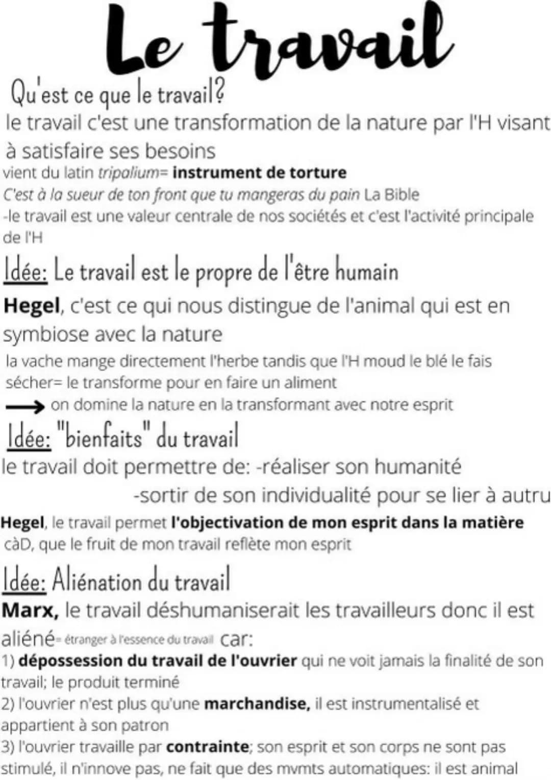 Le travail
Qu'est ce que le travail?
le travail c'est une transformation de la nature par l'H visant
à satisfaire ses besoins
vient du latin