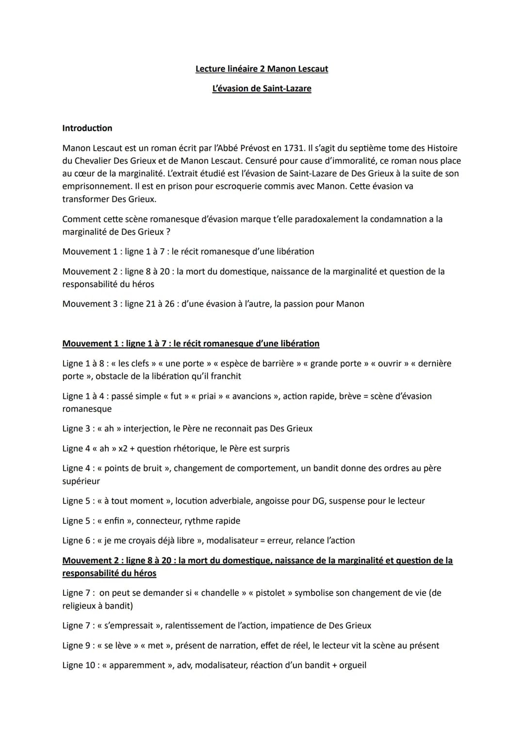 --- OCR Start ---
Lecture linéaire 2 Manon Lescaut
L'évasion de Saint-Lazare
Introduction
Manon Lescaut est un roman écrit par l'Abbé Prévos