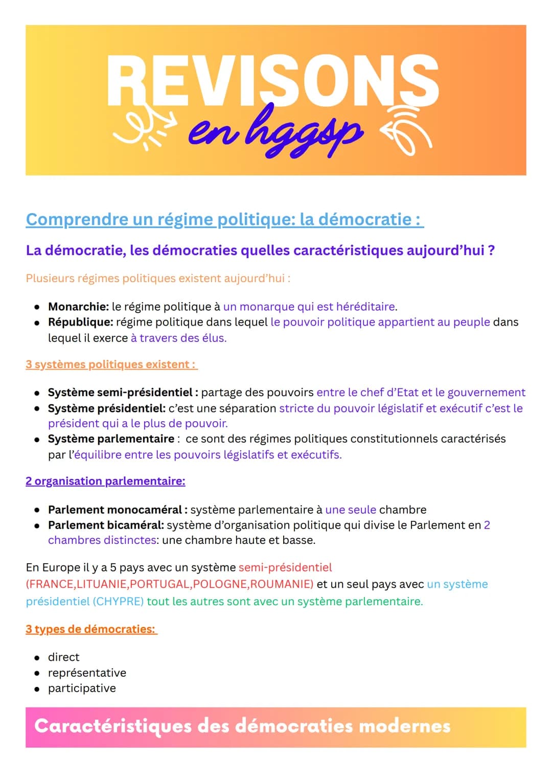 REVISONS
en hggsp
Comprendre un régime politique: la démocratie:
La démocratie, les démocraties quelles caractéristiques aujourd'hui ?
Plusi