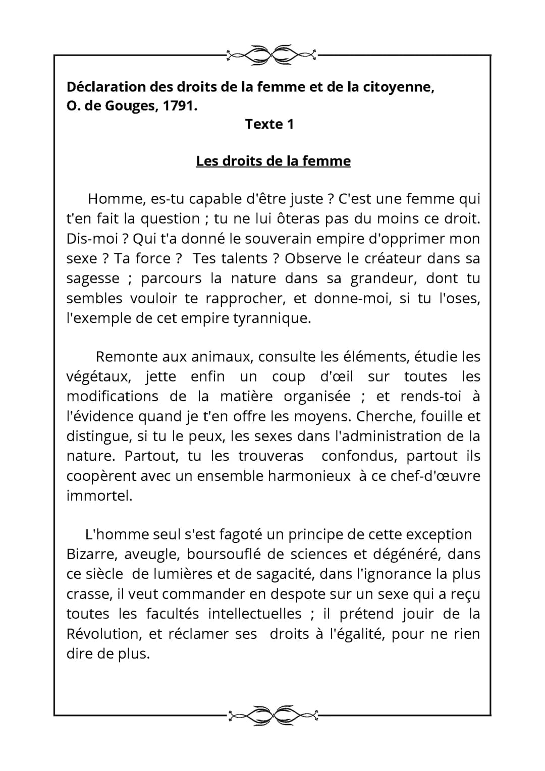 Les droits de la femme d'Olympe de Gouges