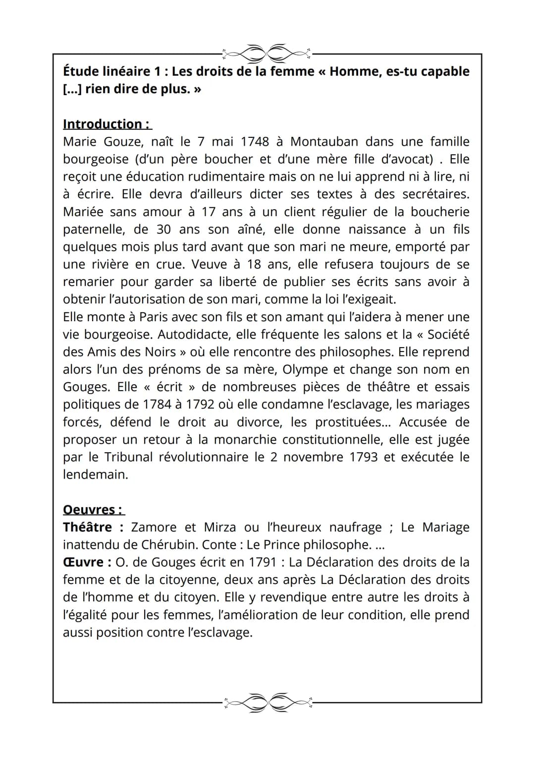 Déclaration des droits de la femme et de la citoyenne,
O. de Gouges, 1791.
Texte 1
Les droits de la femme
Homme, es-tu capable d'être juste 