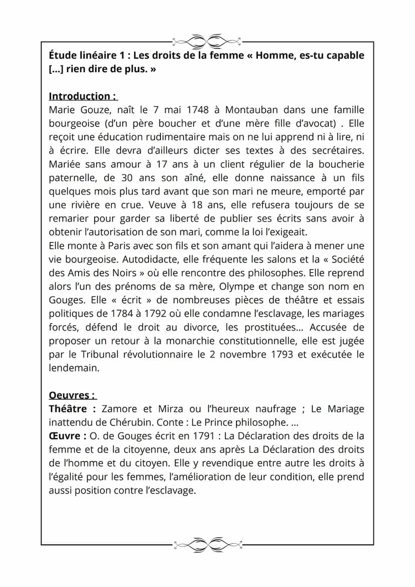 Déclaration des droits de la femme et de la citoyenne,
O. de Gouges, 1791.
Texte 1
Les droits de la femme
Homme, es-tu capable d'être juste 