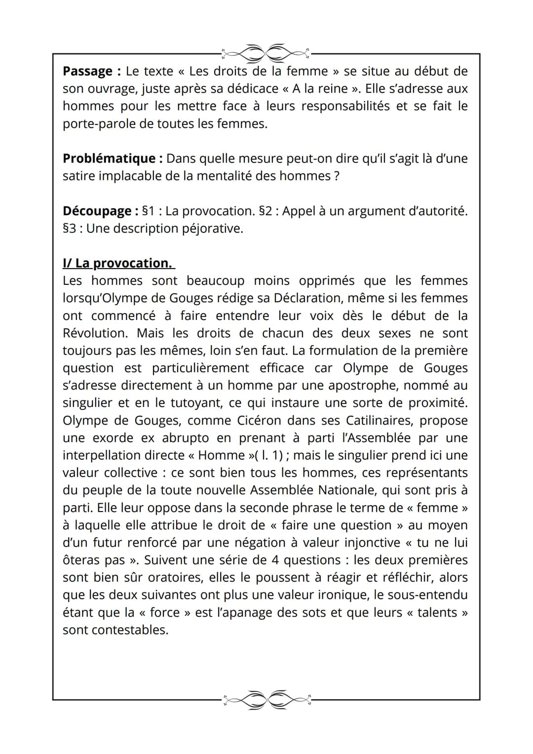 Déclaration des droits de la femme et de la citoyenne,
O. de Gouges, 1791.
Texte 1
Les droits de la femme
Homme, es-tu capable d'être juste 