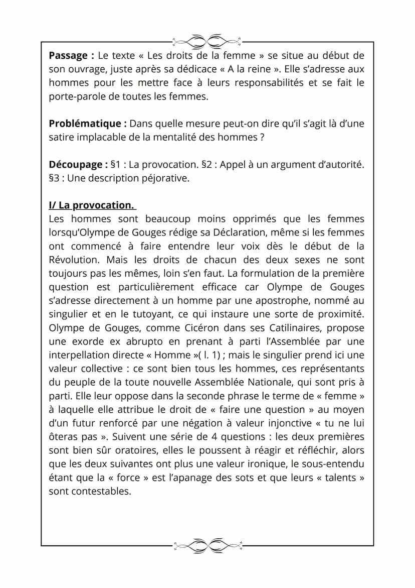 Déclaration des droits de la femme et de la citoyenne,
O. de Gouges, 1791.
Texte 1
Les droits de la femme
Homme, es-tu capable d'être juste 