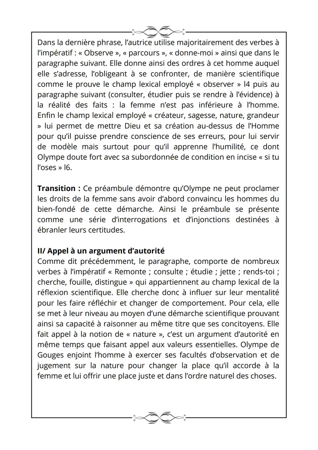 Déclaration des droits de la femme et de la citoyenne,
O. de Gouges, 1791.
Texte 1
Les droits de la femme
Homme, es-tu capable d'être juste 