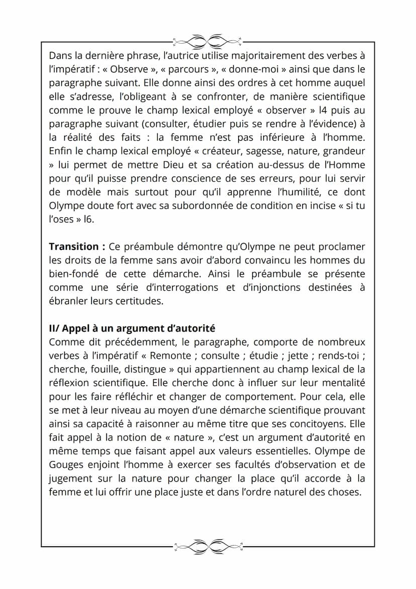 Déclaration des droits de la femme et de la citoyenne,
O. de Gouges, 1791.
Texte 1
Les droits de la femme
Homme, es-tu capable d'être juste 