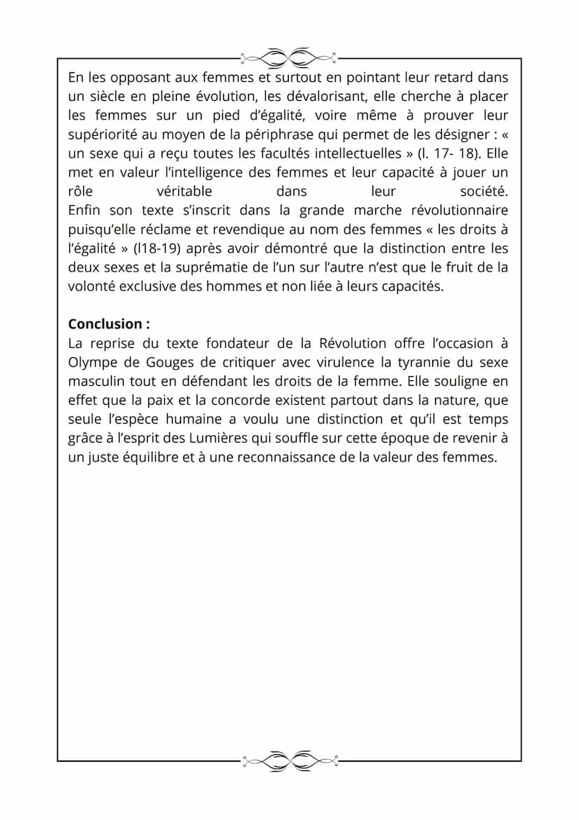 Déclaration des droits de la femme et de la citoyenne,
O. de Gouges, 1791.
Texte 1
Les droits de la femme
Homme, es-tu capable d'être juste 