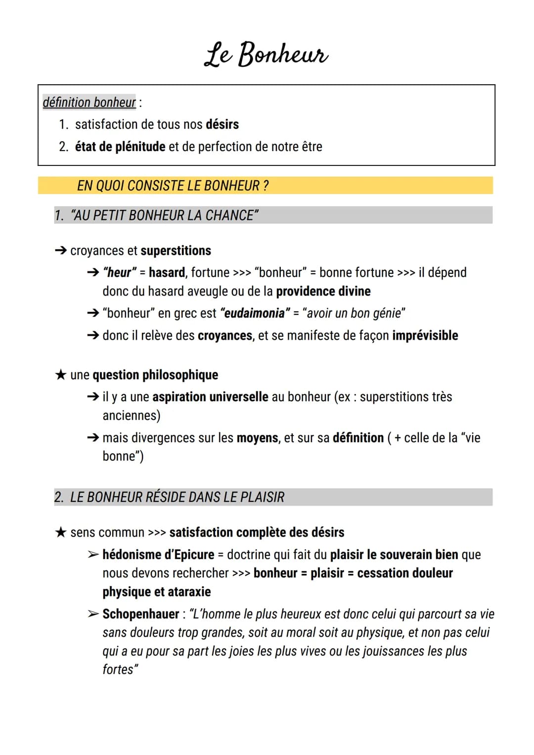 définition bonheur :
Le Bonheur
1. satisfaction de tous nos désirs
2. état de plénitude et de perfection de notre être
EN QUOI CONSISTE LE B