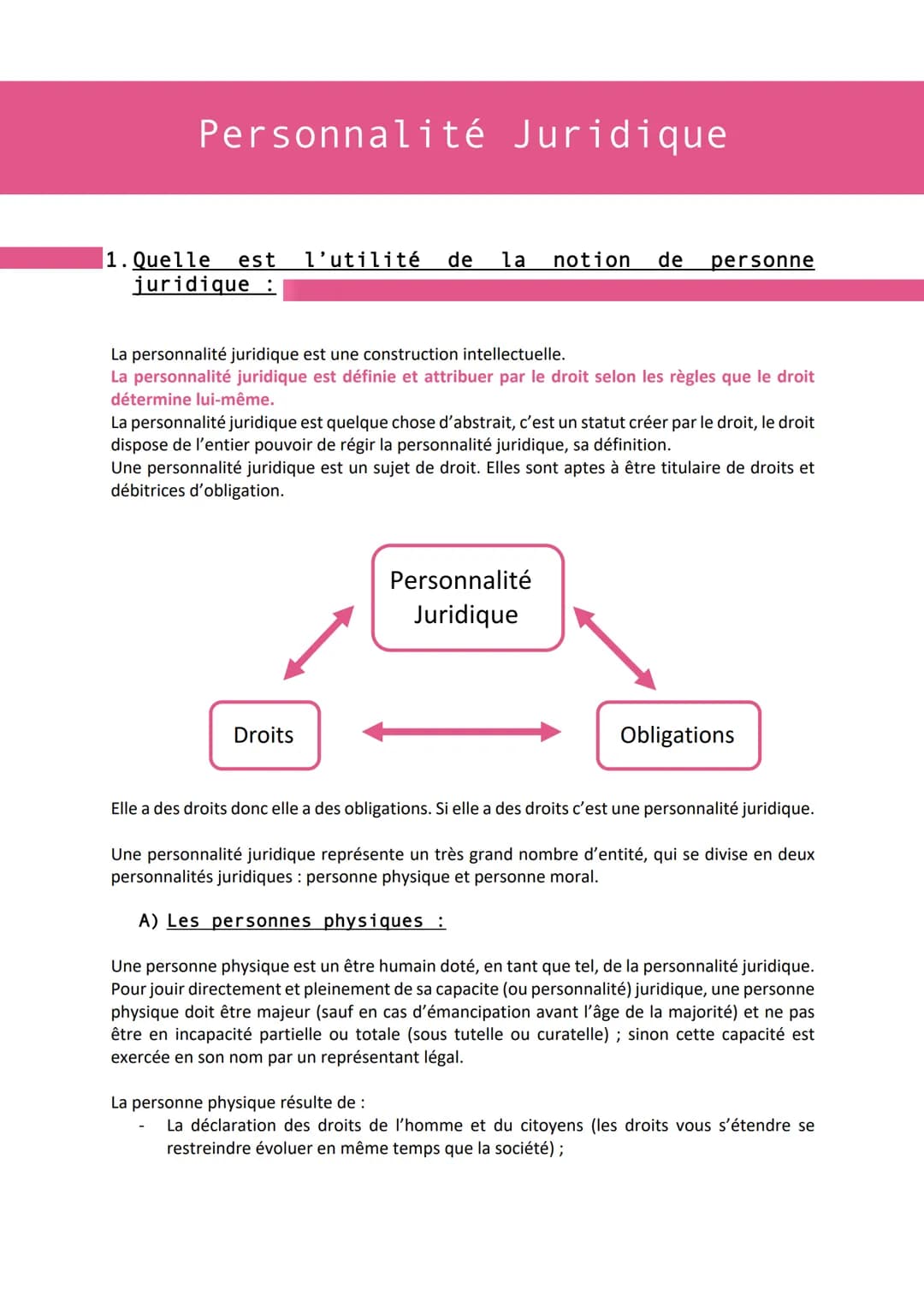 Personnalité Juridique
1. Quelle est l'utilité de la notion de personne
juridique :
La personnalité juridique est une construction intellect