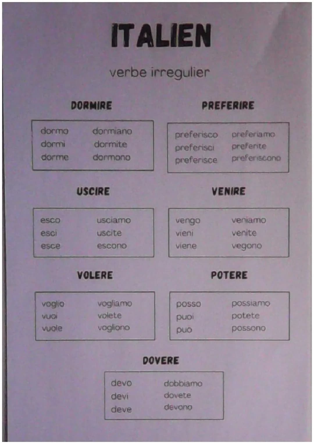 ITALIEN
verbe irregulier
DORMIRE
PREFERIRE
dormo
dormiano
preferisco
preferiamo
dormi
dorme
dormite
preferisci preferite
dormono
preferisce
