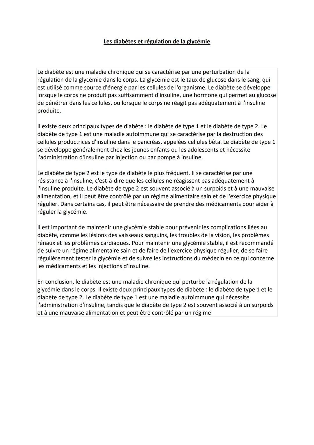 Les diabètes et régulation de la glycémie
Le diabète est une maladie chronique qui se caractérise par une perturbation de la
régulation de l
