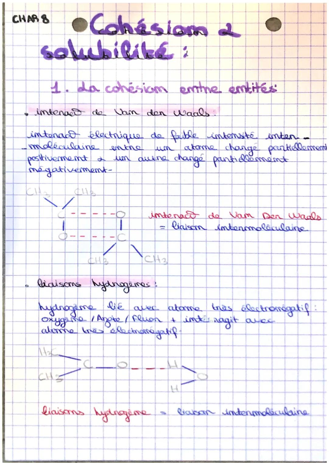 CHAR 8
# •Cohésiom
## solubilite
1. da cohésion entre entités

*   imtenard de Van den Waals

imtenard électrique de faible intensité inten-