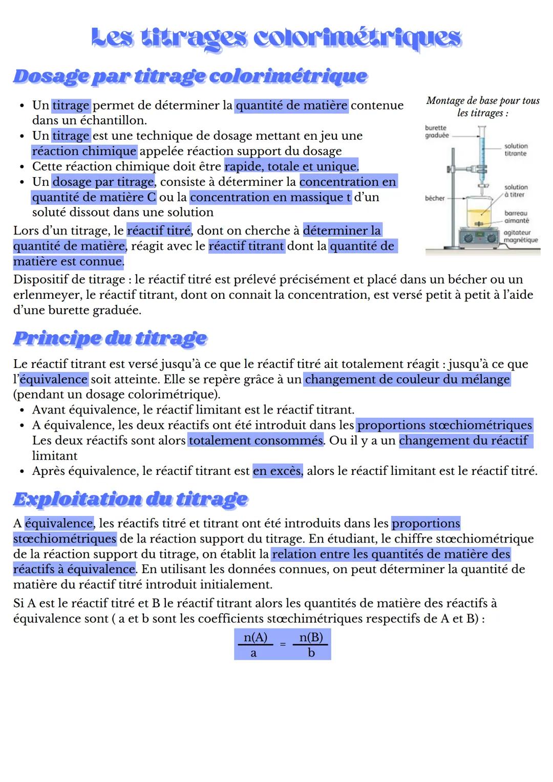 # Les titrages colorimétriques

## Dosage par titrage colorimétrique

- Un titrage permet de déterminer la quantité de matière contenue
dans